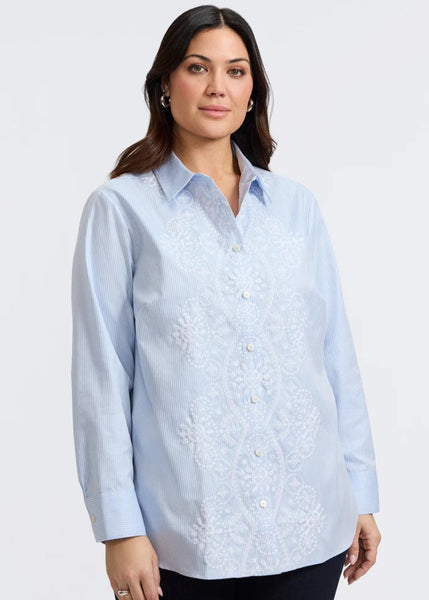 front view of Foxcroft plus size Meghan stripe and embroidered long sleeve cotton shirt in blue stripe 