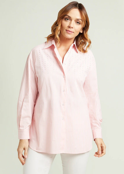 front view of plus size Luisa Viola Long Sleeve Cotton Striped Shirt With Stones in Pink/White
