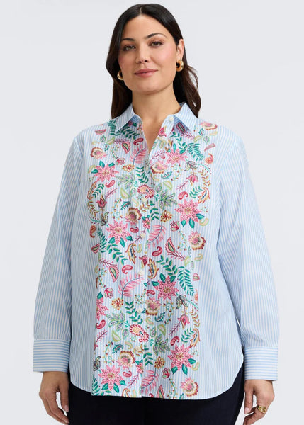 front view of Foxcroft plus size long sleeve  cotton shirt in blue stripe