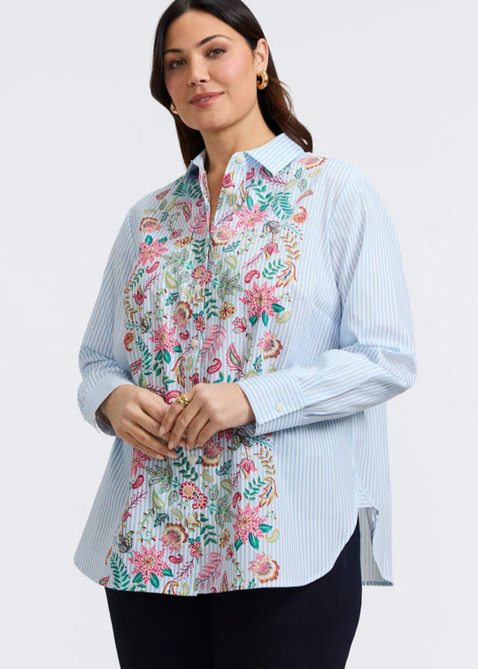 front view of Foxcroft plus size long sleeve  cotton shirt in blue stripe