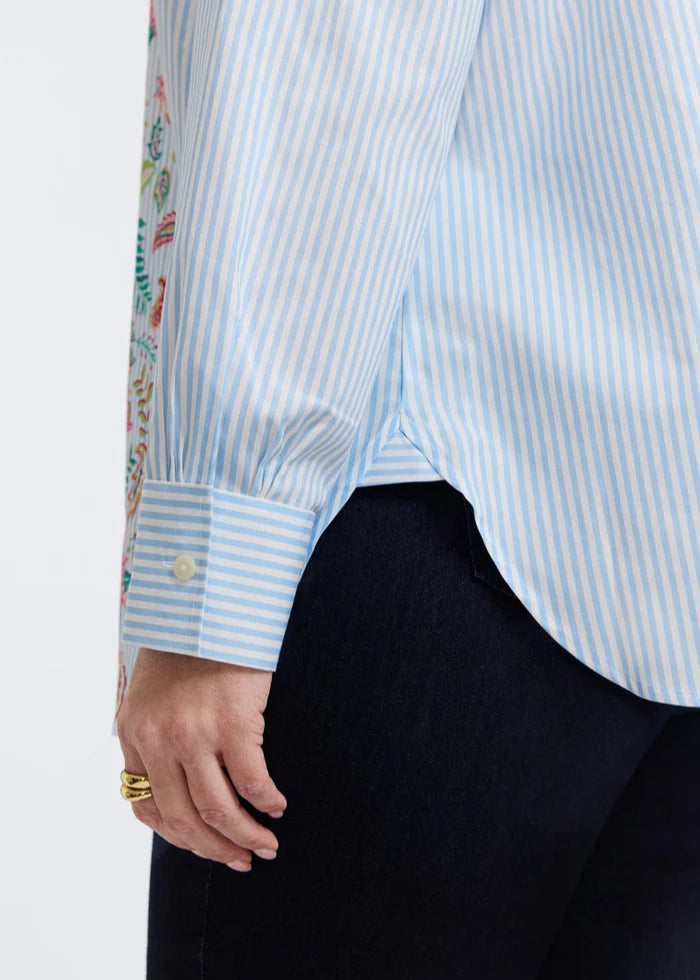 close up view of Foxcroft plus size long sleeve  cotton shirt in blue stripe