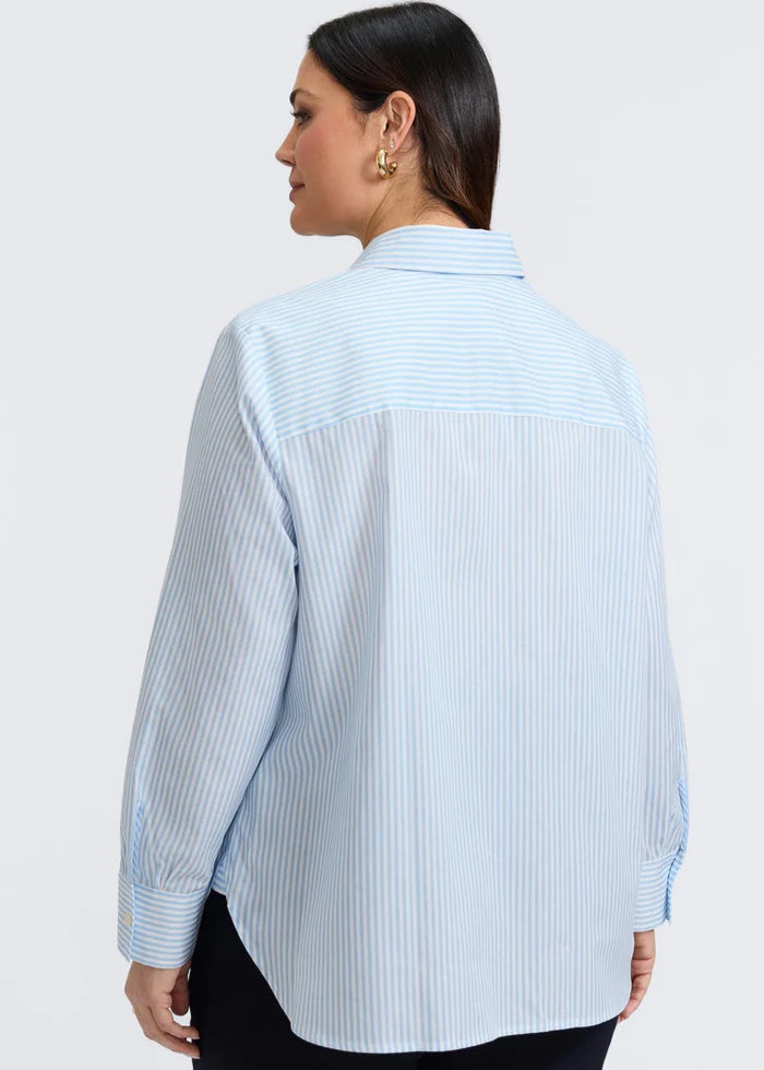 back view of Foxcroft plus size long sleeve  cotton shirt in blue stripe
