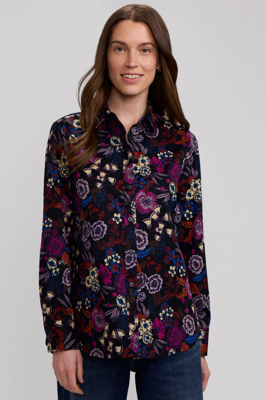 Floral long-sleeve cotton shirt with button front, dark navy multicolor print