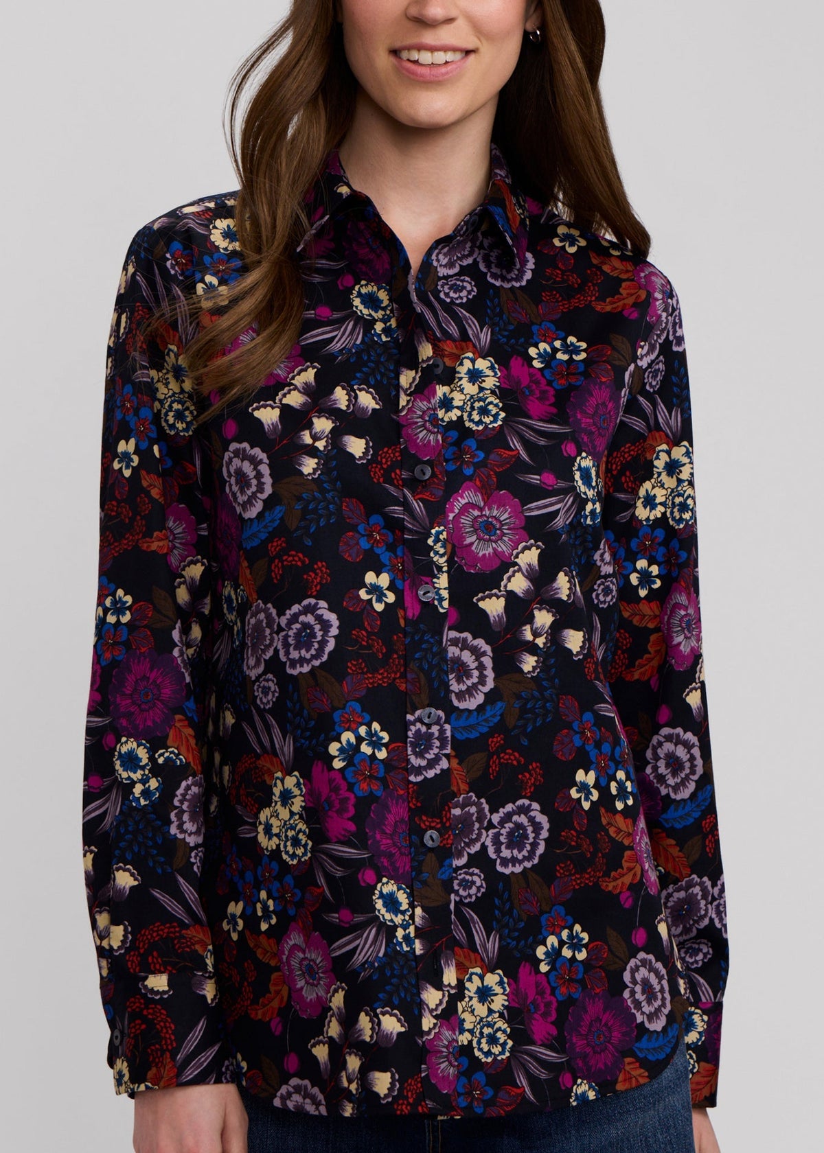 Long-sleeve cotton button-up shirt with dark floral print and collar