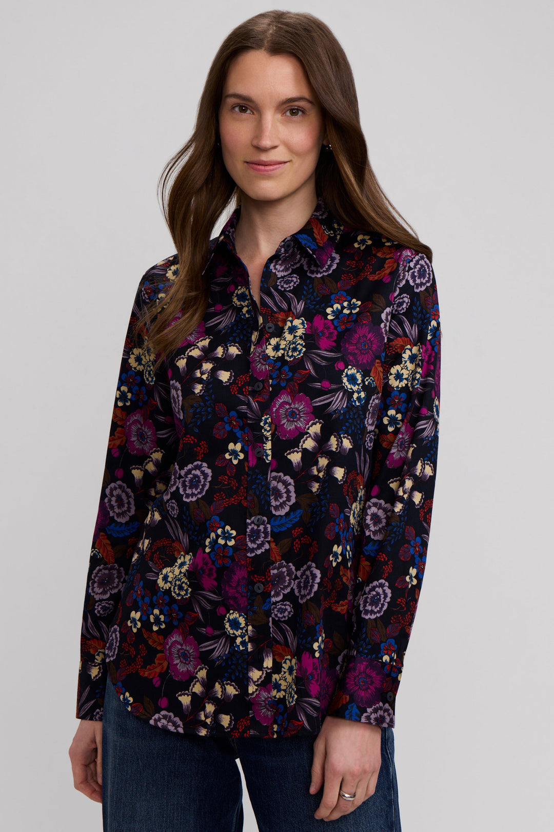 Floral long-sleeve cotton shirt with button front, dark navy multicolor print