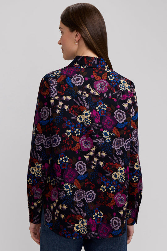 Floral long-sleeve cotton shirt, button front, back view with dark navy multicolor print