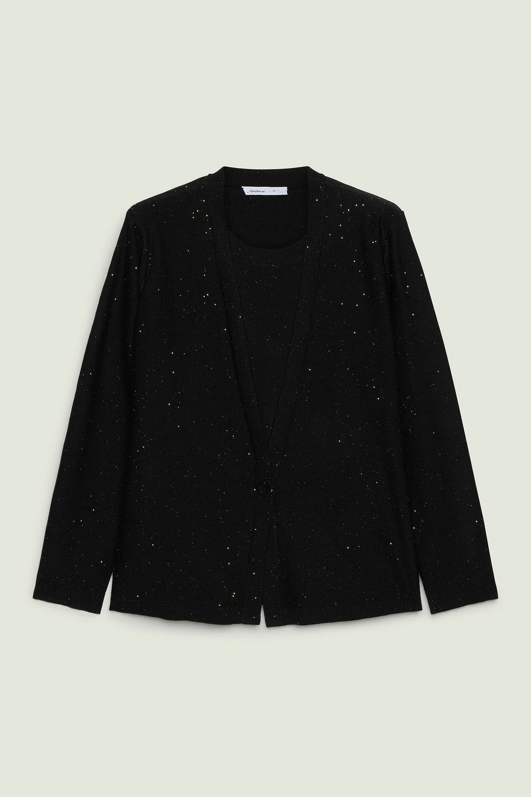Black cardigan twin set with micro paillettes, open front long sleeves