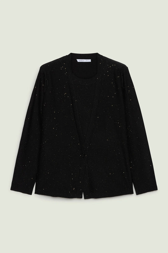 Black cardigan twin set with micro paillettes, open front long sleeves