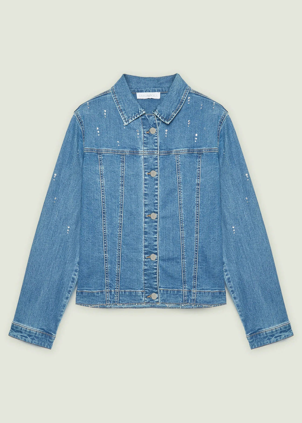 front view of  plus size Luisa Viola Stretch Denim Blue Jean Jacket