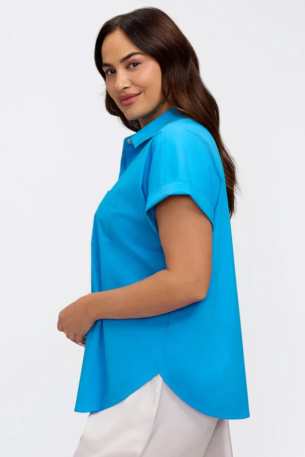 Foxcroft Abigail Short Sleeve Stretch Cotton Shirt in Malibu Blue