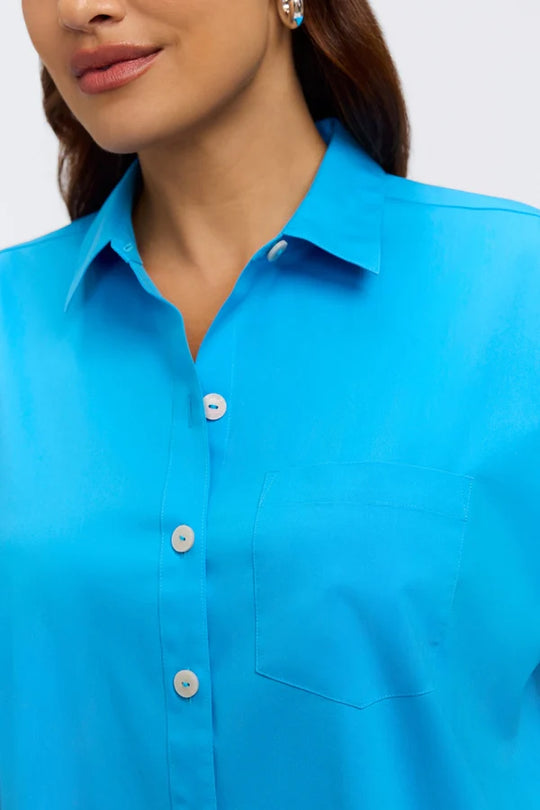 Foxcroft Abigail Short Sleeve Stretch Cotton Shirt in Malibu Blue
