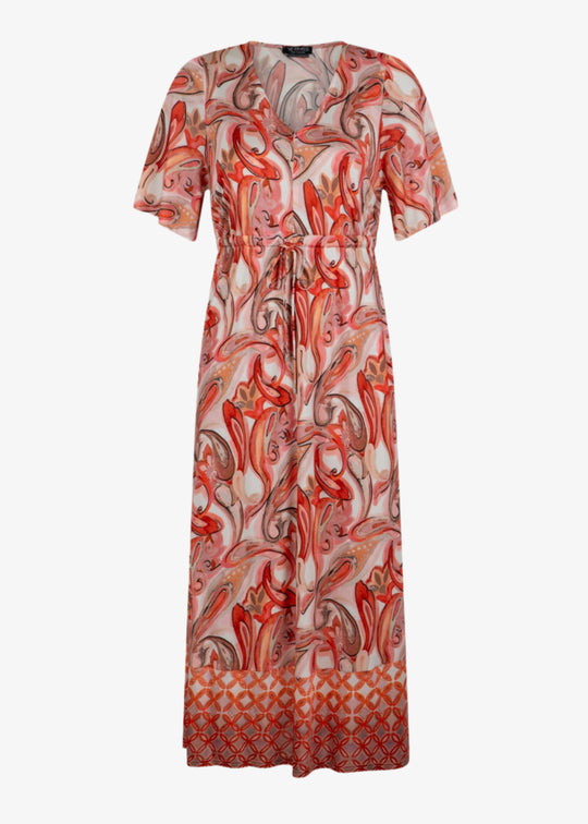 front view of Verpass plus size paisley print drawstring Waist long Dress in Coral Print