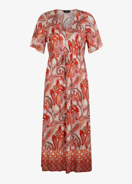 front view of Verpass plus size paisley print drawstring Waist long Dress in Coral Print
