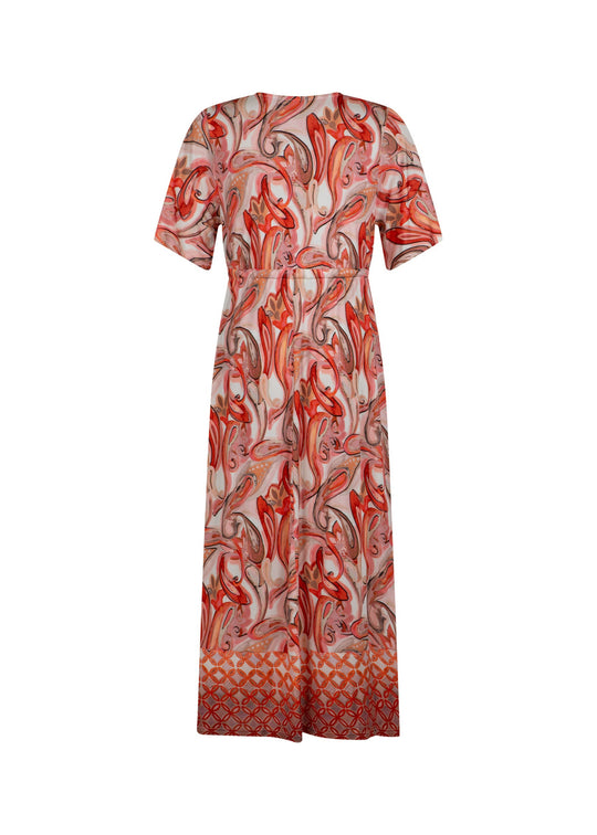 back view of plus size Verpass Paisley Print Drawstring Waist long Dress in Coral Print