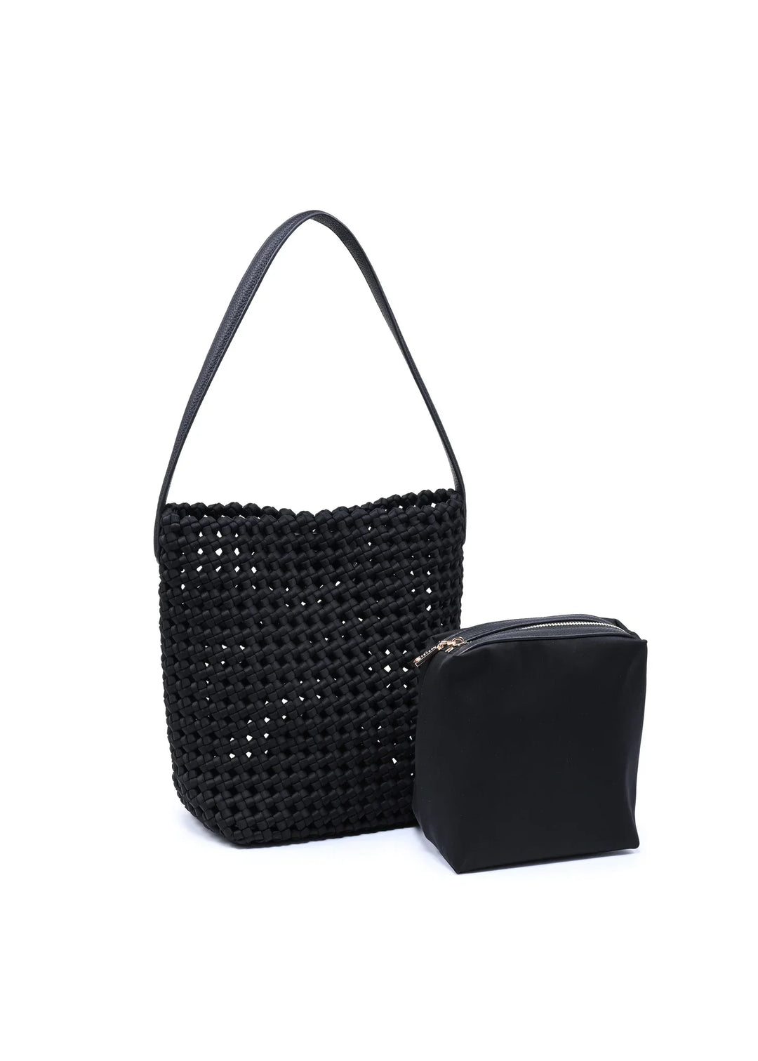 Black woven shoulder bag with matching zippered pouch against white background