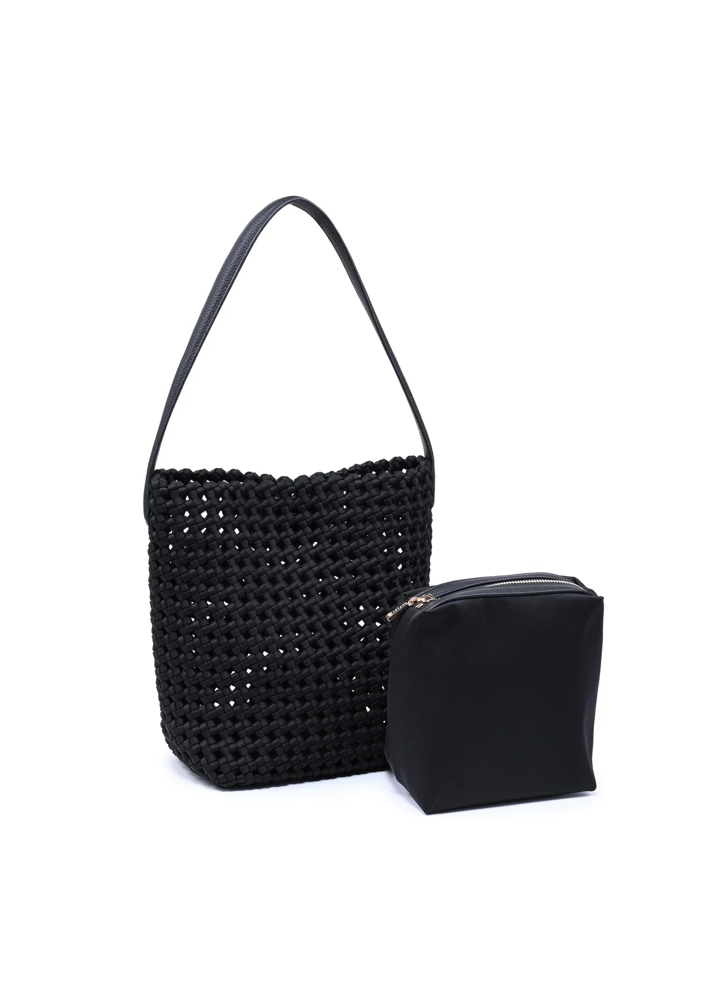 Black woven shoulder bag with matching zippered pouch against white background