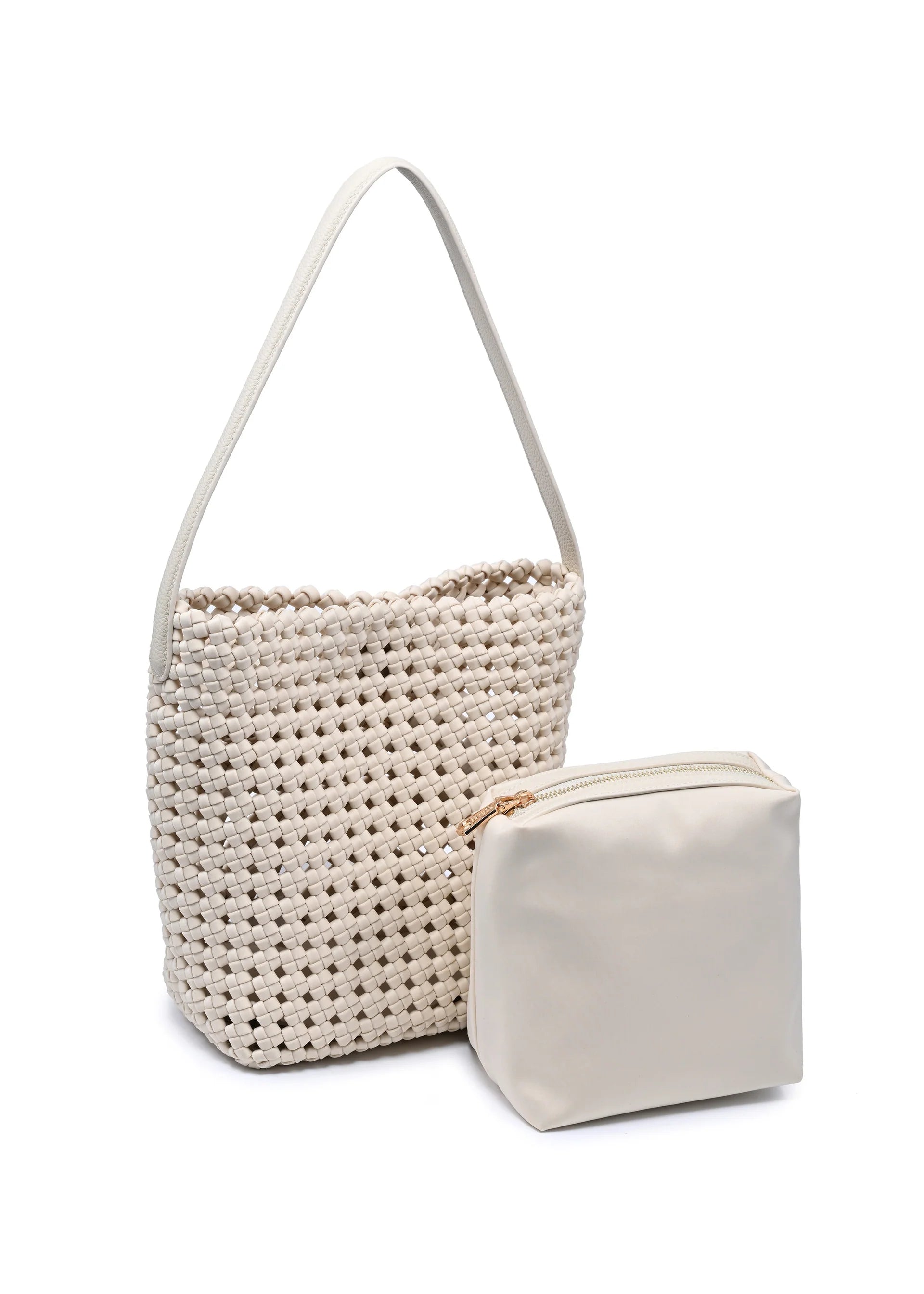 Woven shoulder bag with matching pouch in cream color against white background
