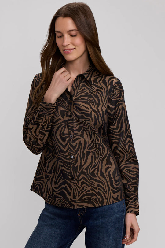 Long sleeve cotton jacquard zebra stripe shirt in almond and black, button front