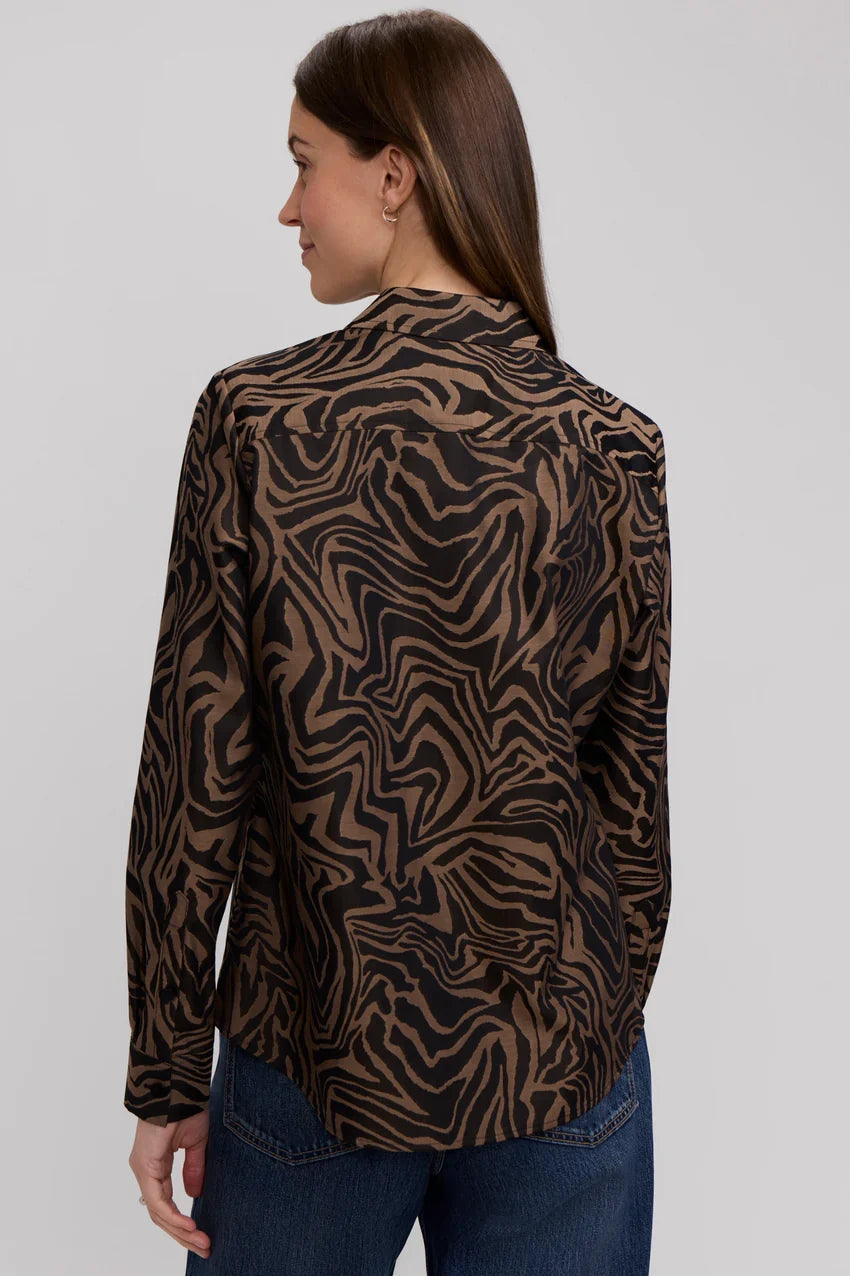Long sleeve cotton jacquard zebra stripe shirt in almond and black, rear view