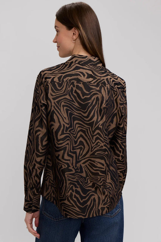 Long sleeve cotton jacquard zebra stripe shirt in almond and black, rear view