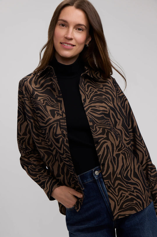 Long sleeve cotton jacquard zebra stripe shirt in almond and black, open spread collar
