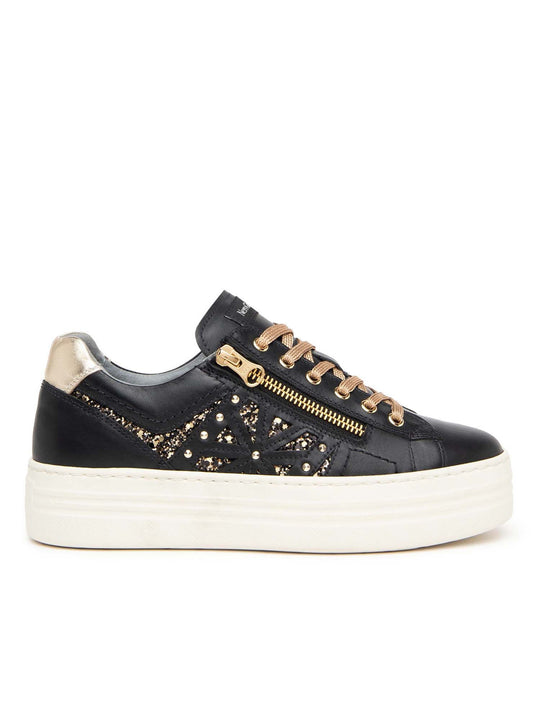 Nero Giardini Lace Up Black Leather Runner with Gold Zip & Stones