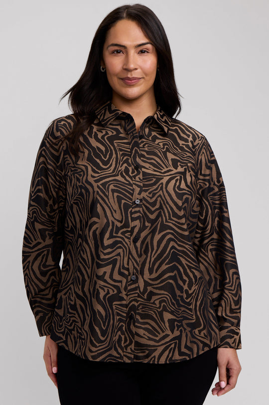Long sleeve cotton jacquard zebra stripe shirt in almond and black, button front