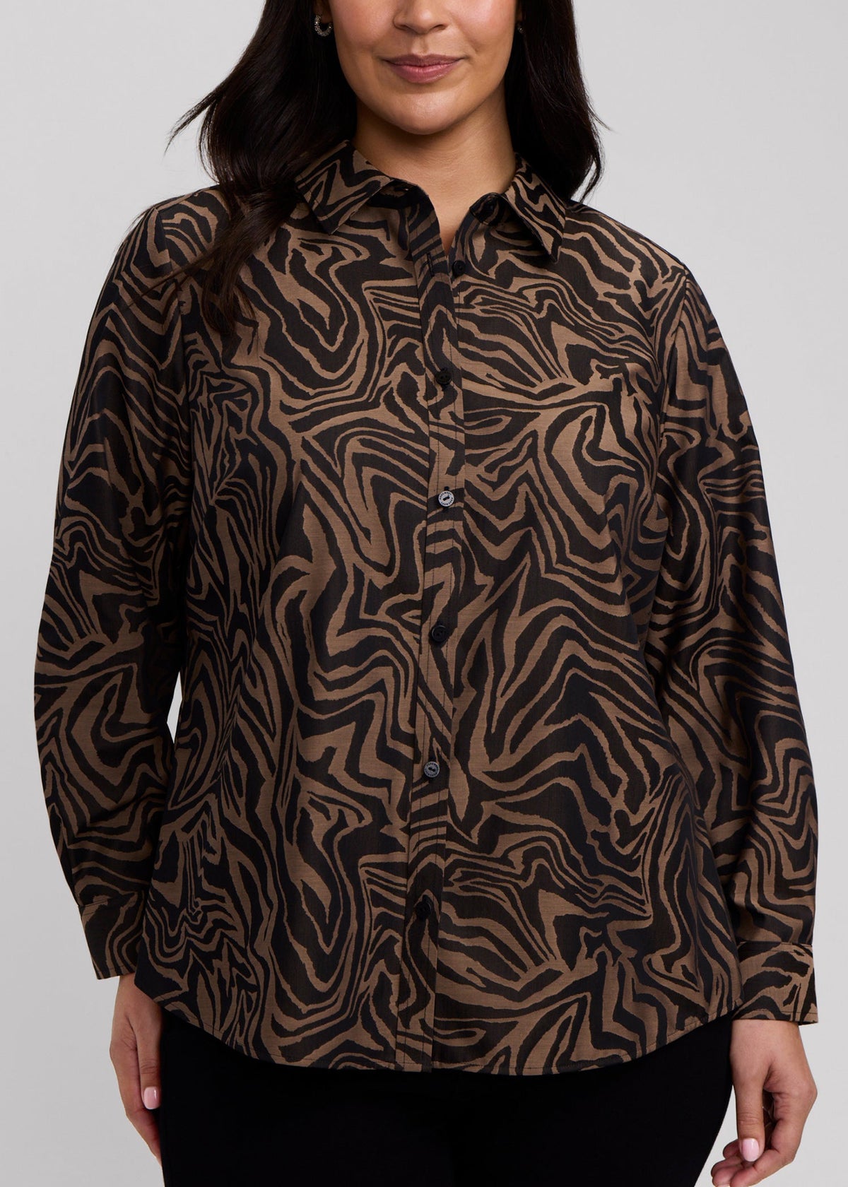 Almond and black zebra-striped jacquard long-sleeve button-up shirt