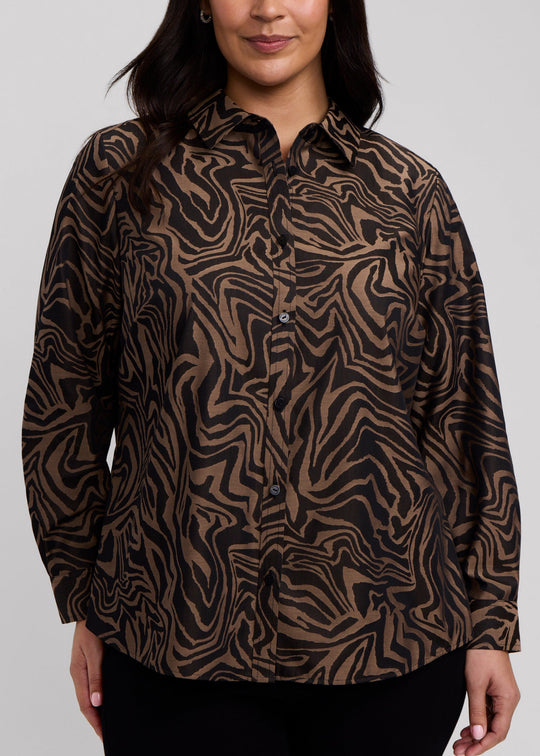 Almond and black zebra-striped jacquard long-sleeve button-up shirt