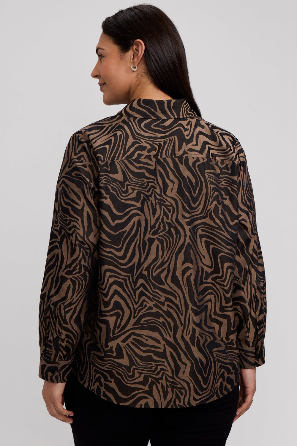 Long sleeve cotton jacquard zebra stripe shirt in almond and black, back view