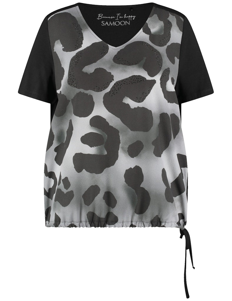 Samoon Short Sleeve Jersey Back Animal Print Blouson Top in Black Print