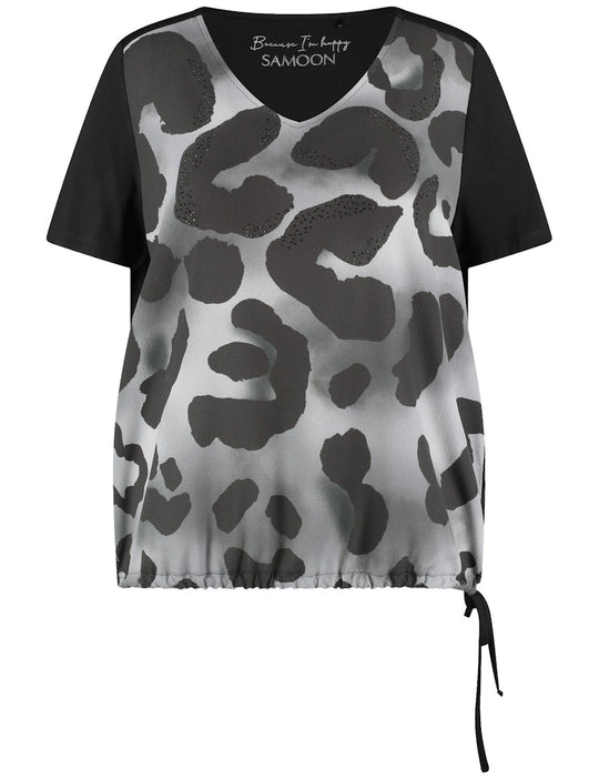 Samoon Short Sleeve Jersey Back Animal Print Blouson Top in Black Print