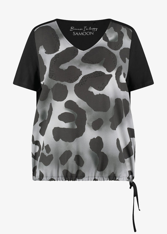 Samoon Short Sleeve Jersey Back Animal Print Blouson Top in Black Print