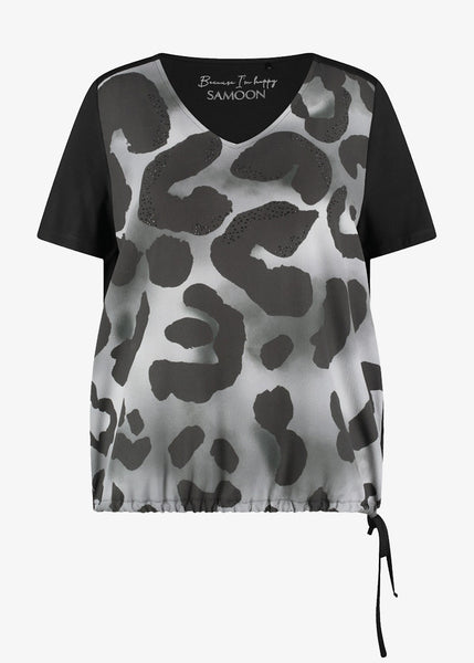 Samoon Short Sleeve Jersey Back Animal Print Blouson Top in Black Print