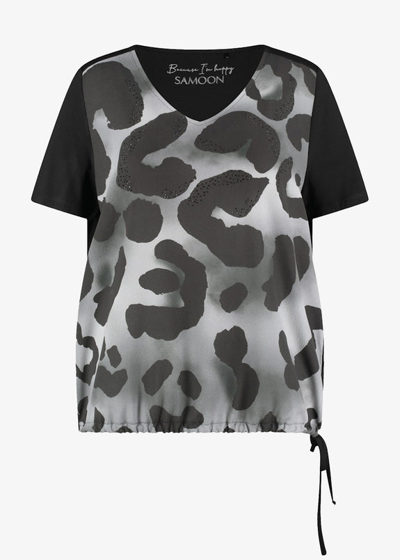 Samoon Short Sleeve Jersey Back Animal Print Blouson Top in Black Print