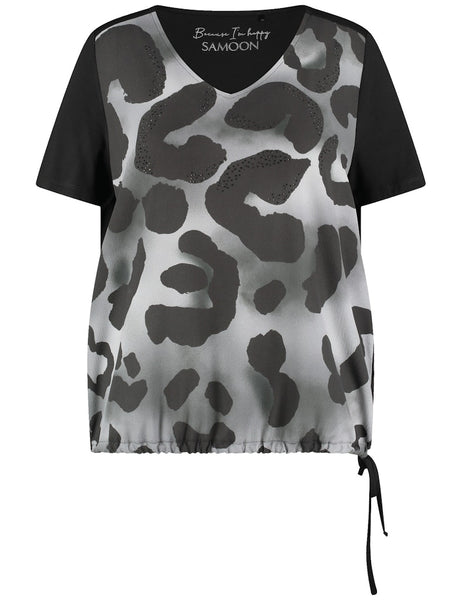 Samoon Short Sleeve Jersey Back Animal Print Blouson Top in Black Print