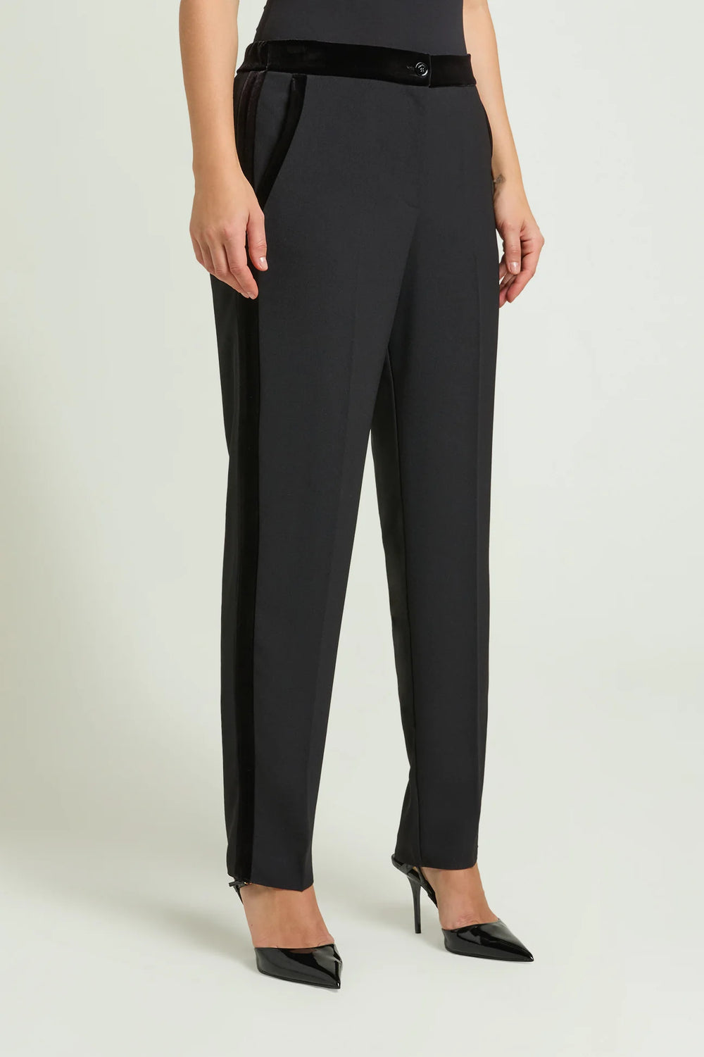 Black tuxedo pants with side velvet stripe, belt loops, slim ankle-length fit