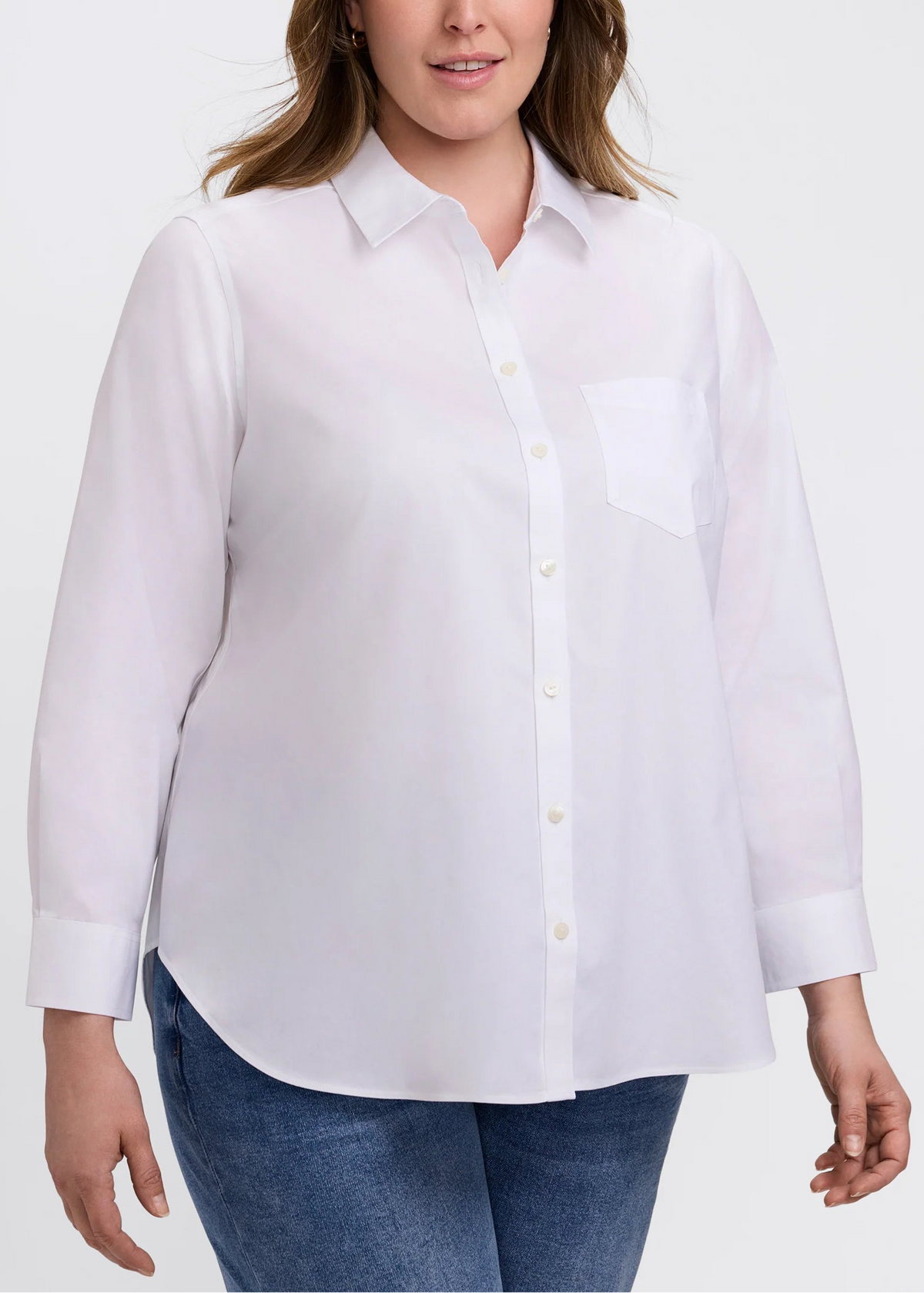 Women's white long-sleeve oxford shirt with button front and chest pocket