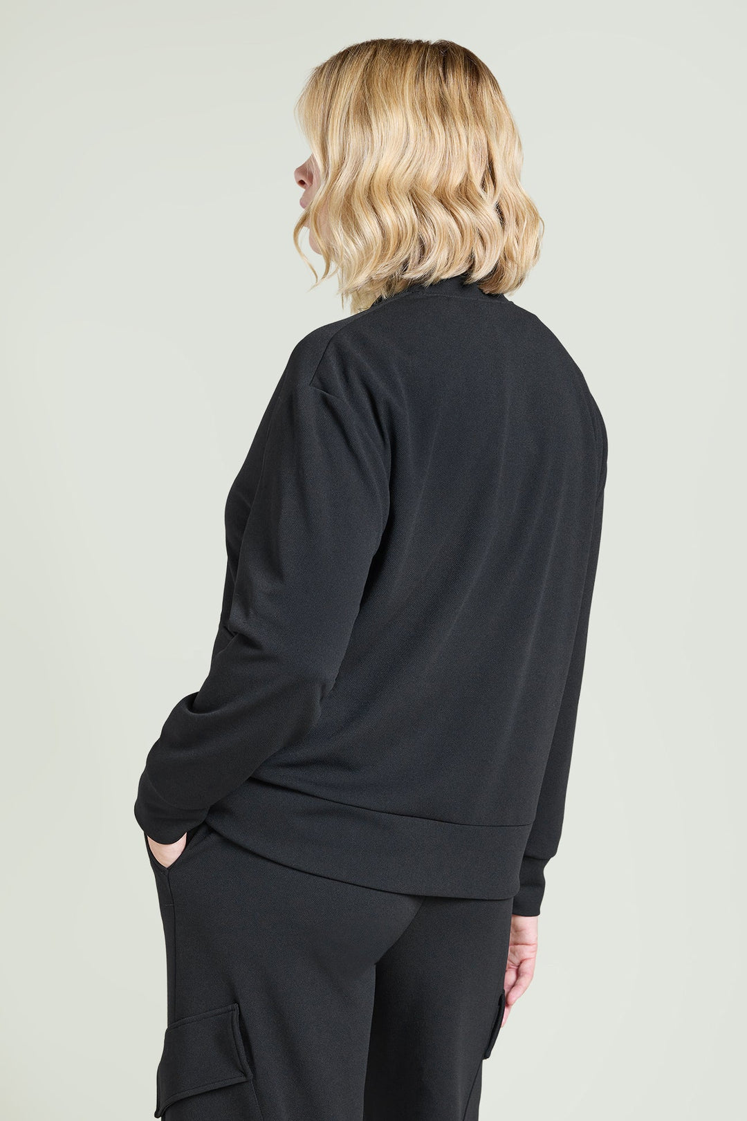 Black scuba twill zip jacket, back view with relaxed fit