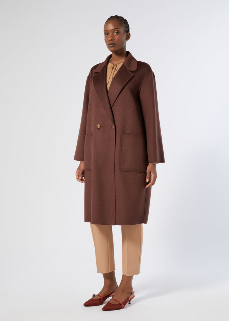 front view of plus size Marina Rinaldi Oche Doubleface Wool Lined Double breasted 3/4 Coat in Bordeaux