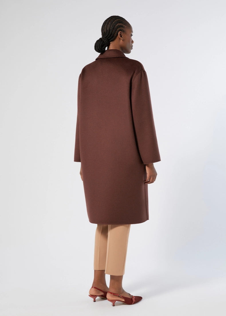 back view of plus size Marina Rinaldi Oche Doubleface Wool Lined Double breasted 3/4 Coat in Bordeaux