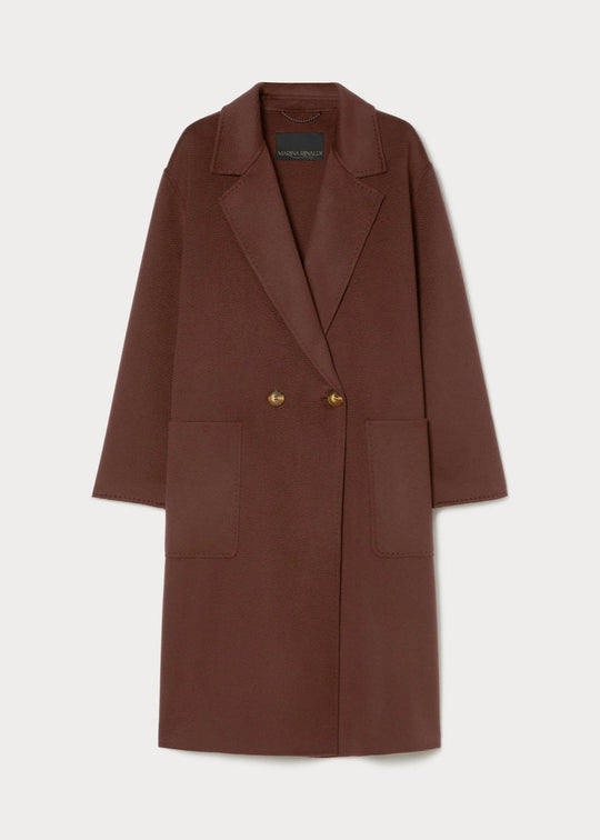 front view of plus size Marina Rinaldi Oche Doubleface Wool Lined Double breasted 3/4 Coat in Bordeaux