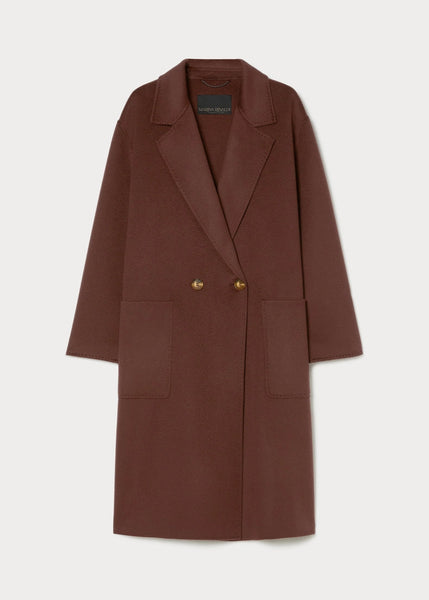 front view of plus size Marina Rinaldi Oche Doubleface Wool Lined Double breasted 3/4 Coat in Bordeaux