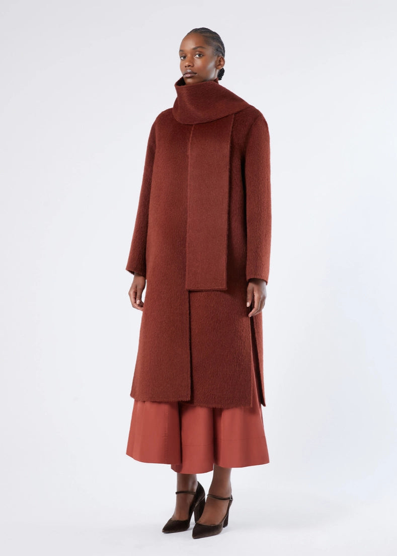 front view of plus size Marina Rinaldi Iacopo Double face Alpaca Collarless Coat in Tabacco