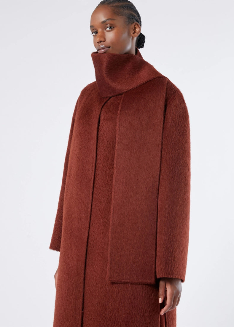 close up front view of plus size Marina Rinaldi Iacopo Double face Alpaca Collarless Coat in Tabacco