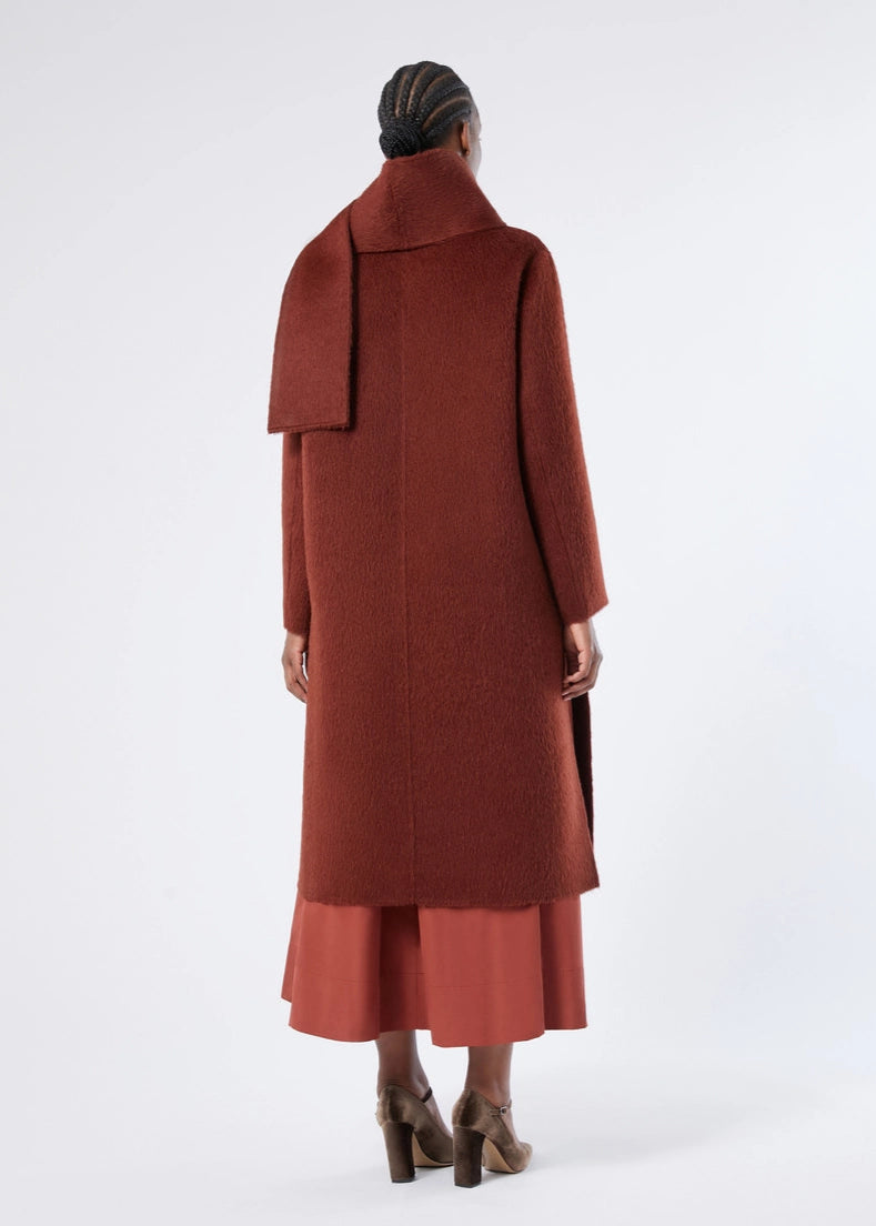 back view of plus size Marina Rinaldi Iacopo Double face Alpaca Collarless Coat in Tabacco