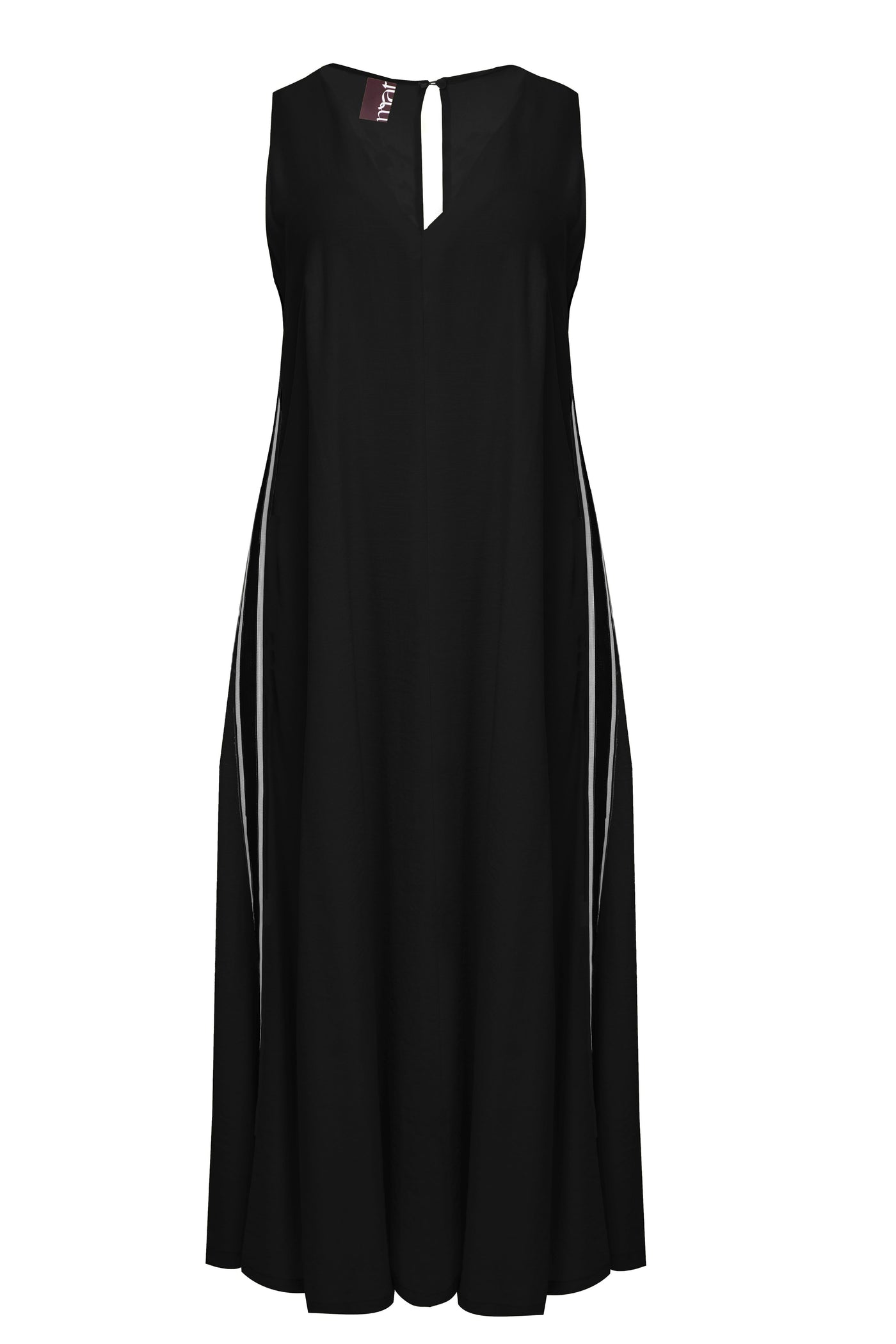 Mat Sleeveless V-Neck Long Dress with Athleisure Stripe on Sides in Black