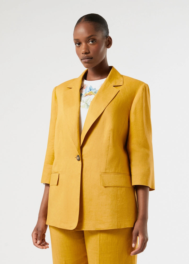 front view of plus size Marina Rinaldi Sabadel Elbow Sleeve Linen Jacket in Honey