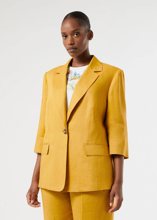 front view of plus size Marina Rinaldi Sabadel Elbow Sleeve Linen Jacket in Honey