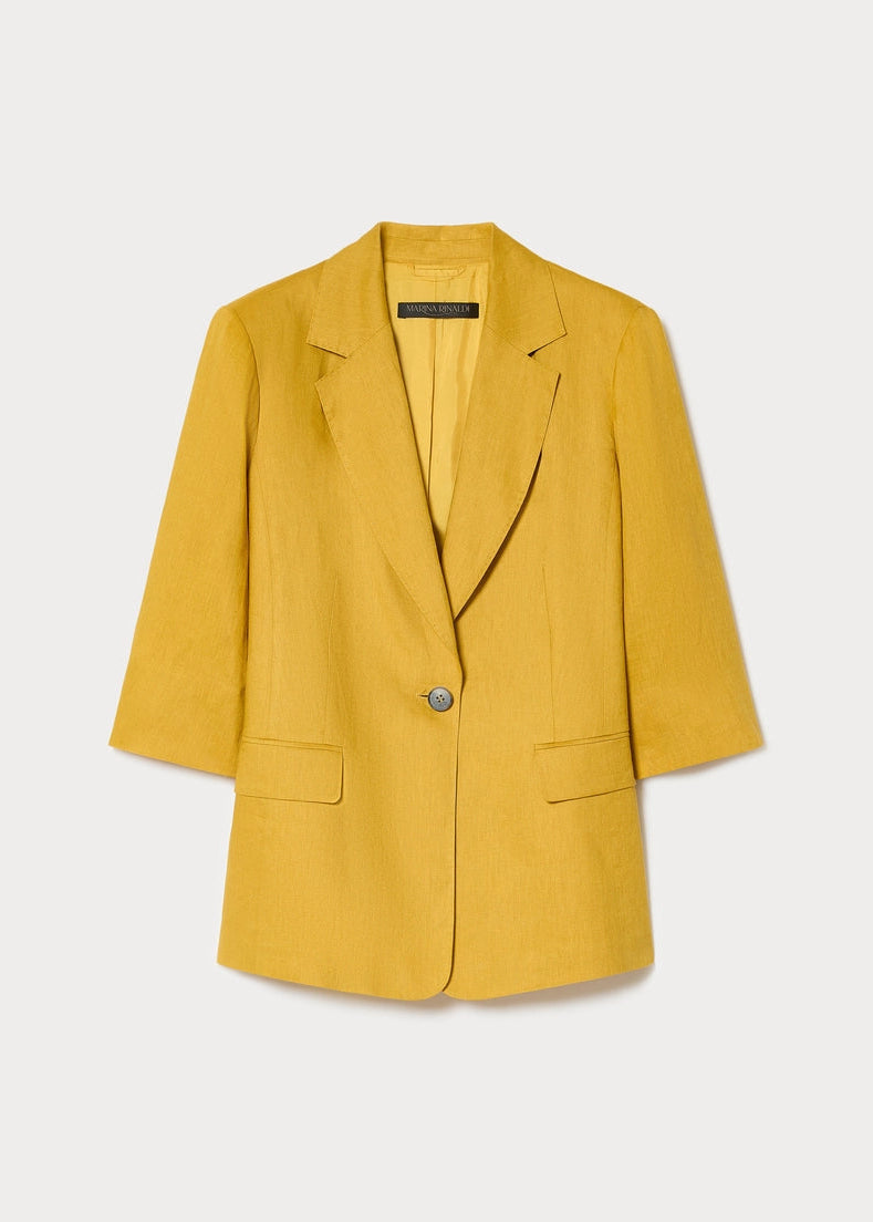 front view of plus size Marina Rinaldi Sabadel Elbow Sleeve Linen Jacket in Honey